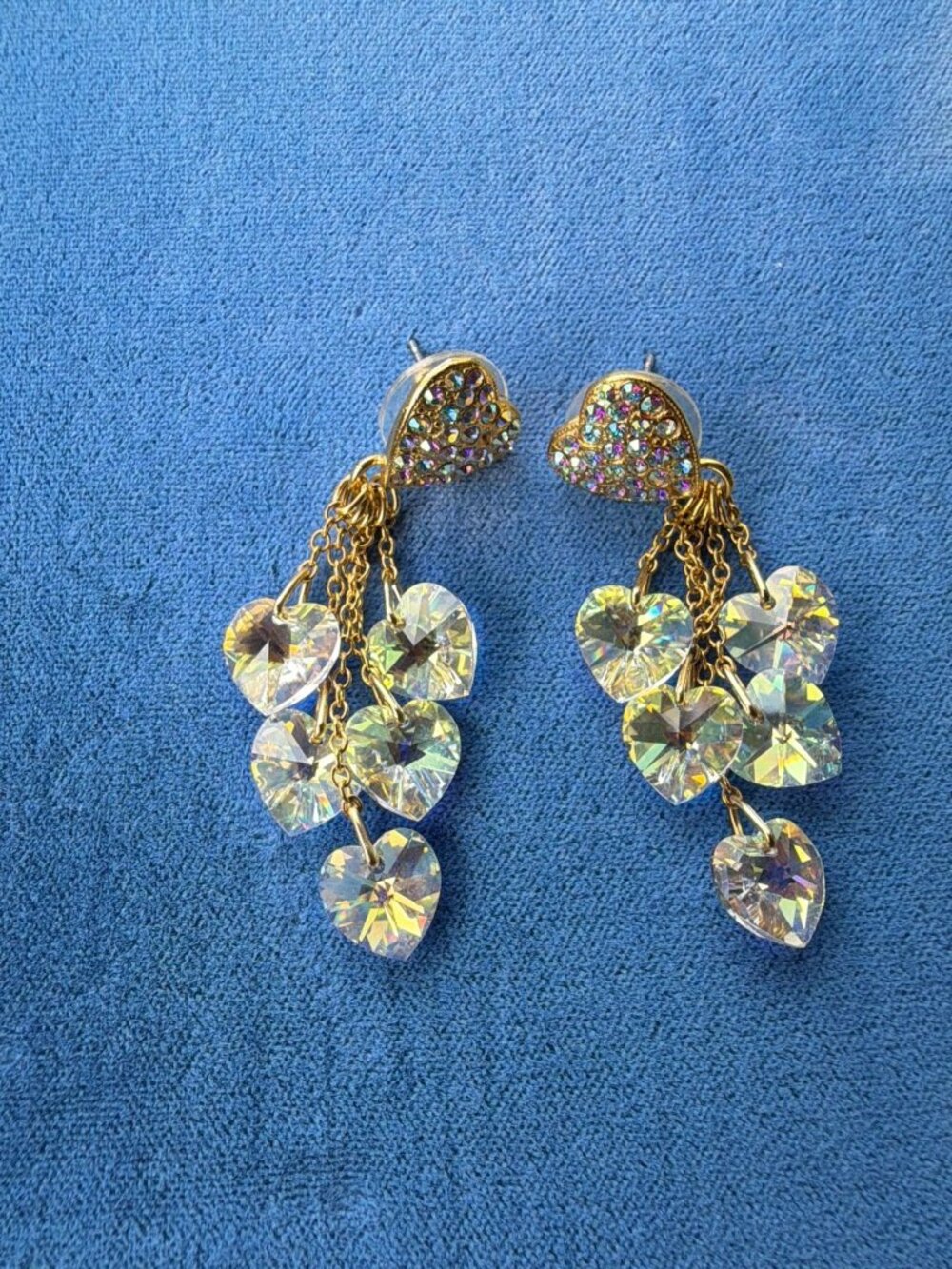 Vintage Kirks Folly Heart Drop Dangle Earrings AB Crystal Rhinestone Gold Pierce